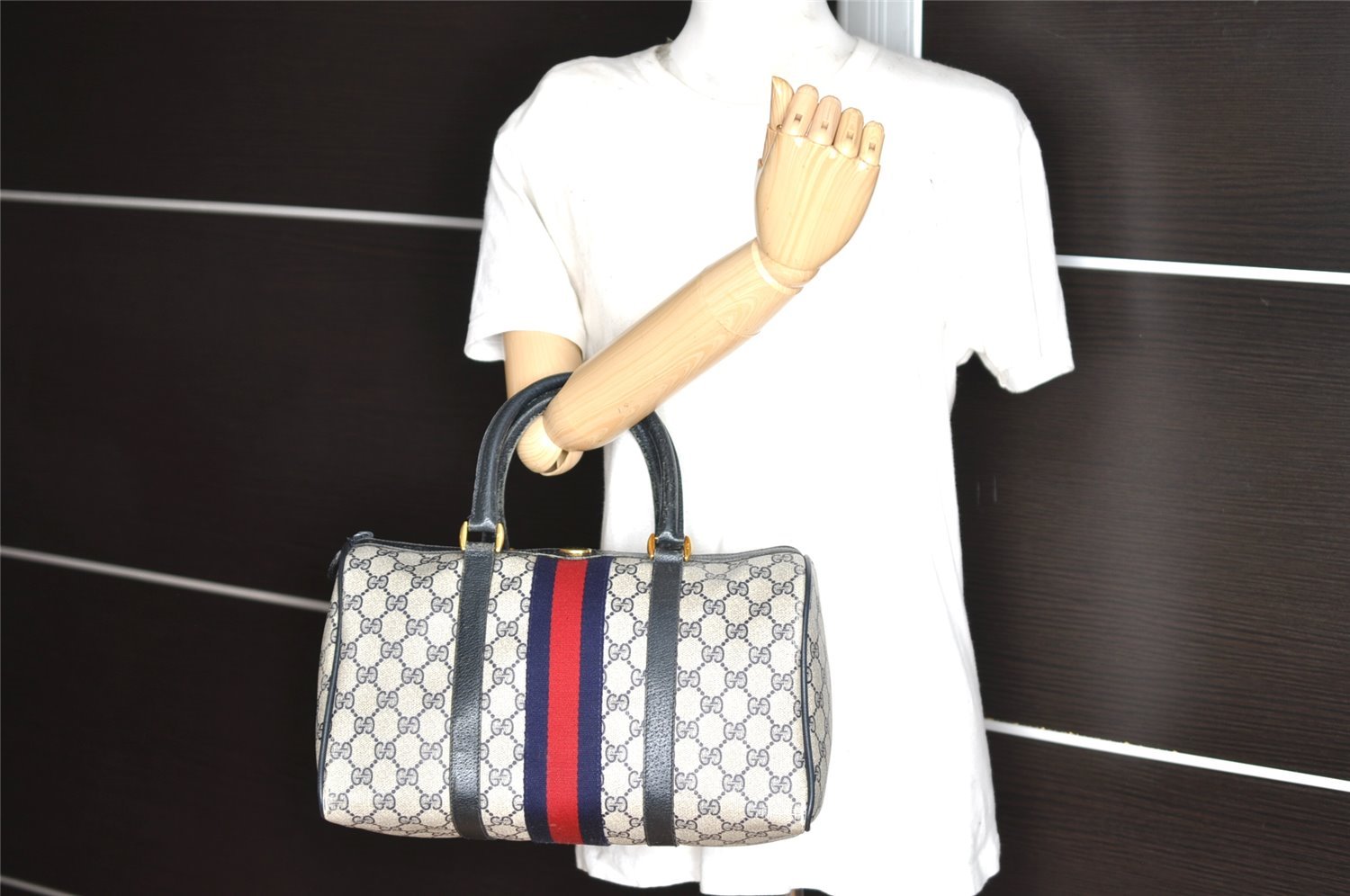 Authentic GUCCI Sherry Line Hand Boston Bag GG PVC Leather Navy Blue 8643I