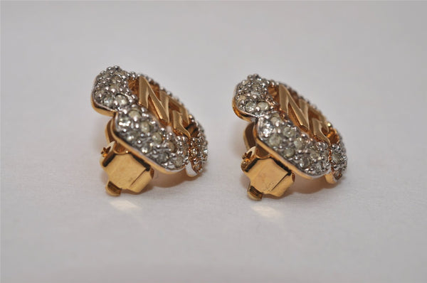 Authentic NINA RICCI Vintage Clip-on Rhinestone Earrings Gold Tone 8645J