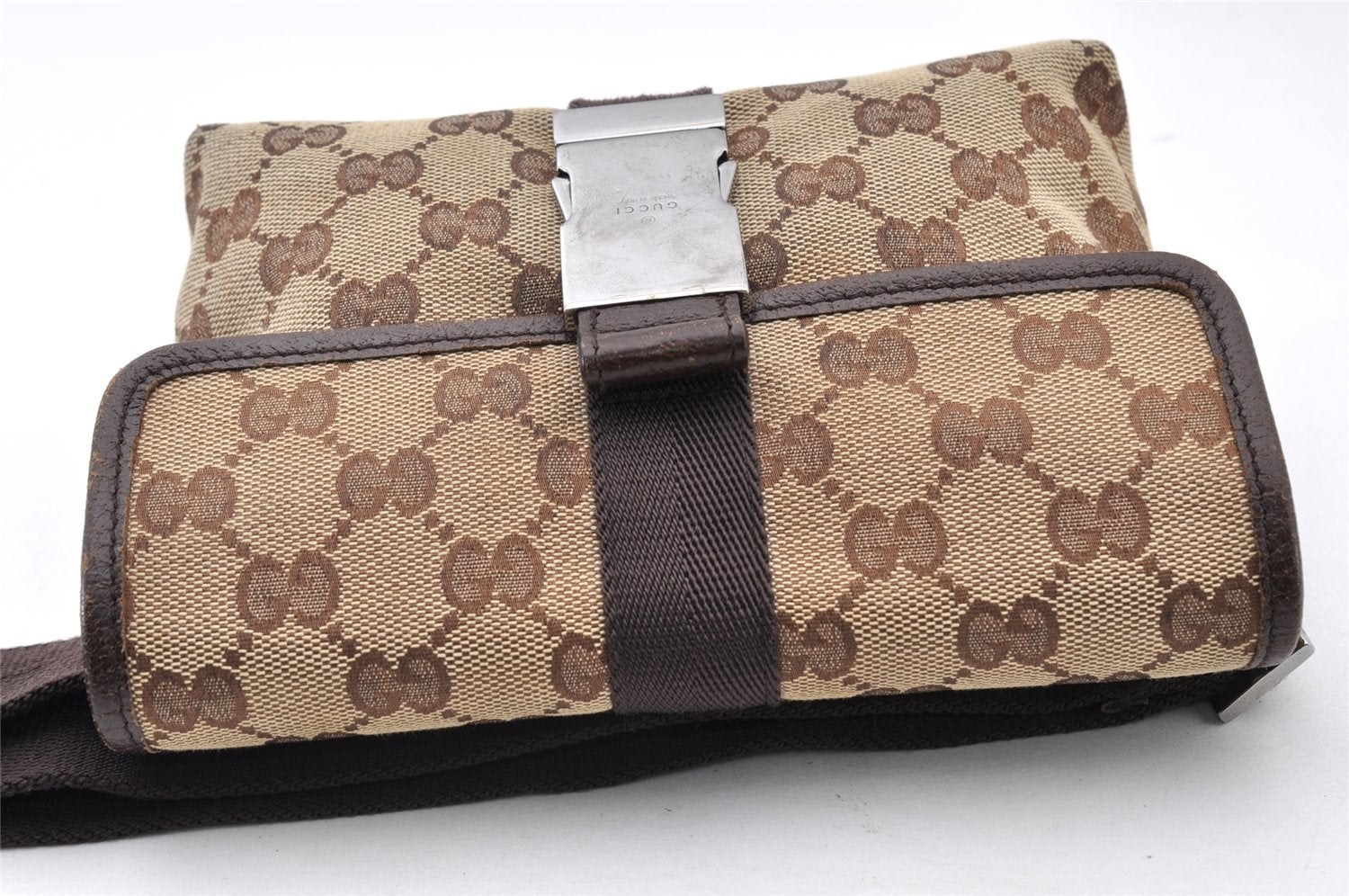 Authentic GUCCI Waist Body Bag Pouch Purse GG Canvas Leather 131236 Brown 8647I