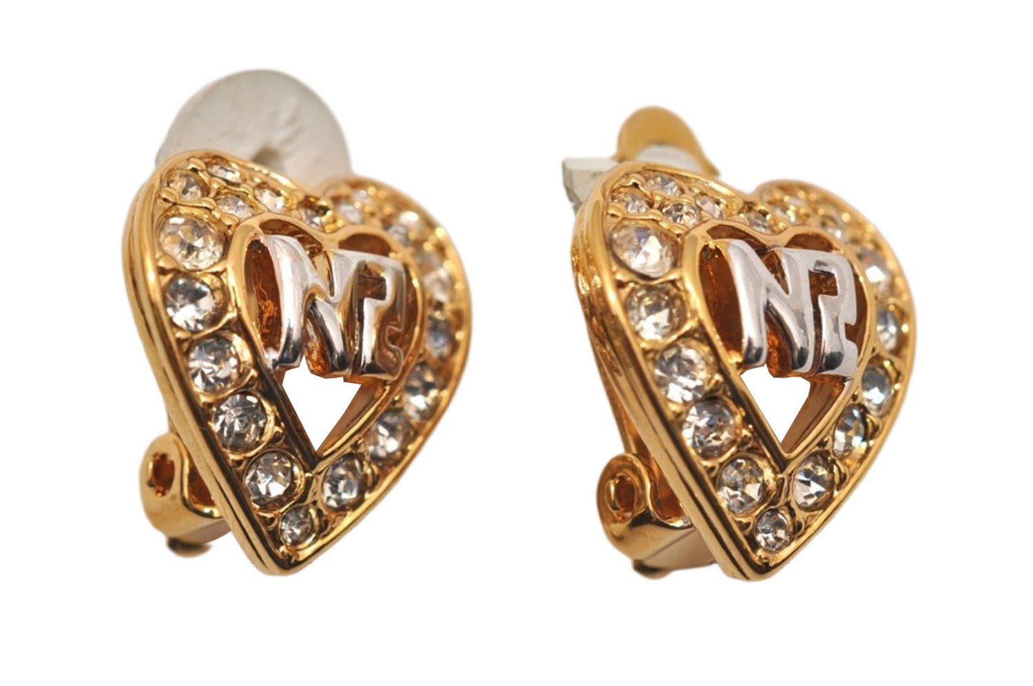 Authentic NINA RICCI Vintage Clip-on Rhinestone Heart Earrings Gold Tone 8648J