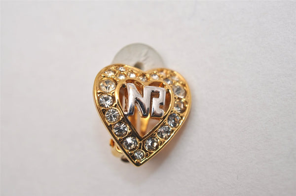 Authentic NINA RICCI Vintage Clip-on Rhinestone Heart Earrings Gold Tone 8648J