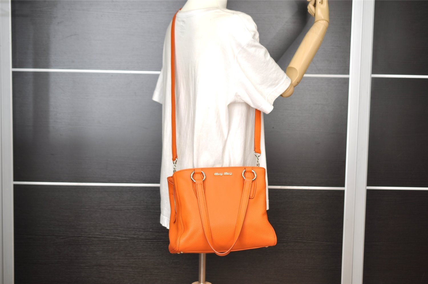 Authentic MIU MIU VITELLO PHENIX Leather 2Way Hand Bag RR2014 Orange 8665I