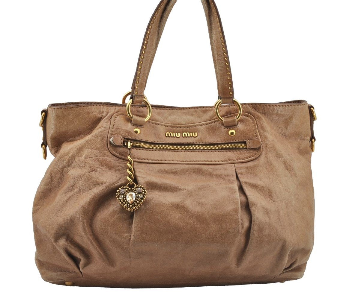 Authentic MIU MIU Vintage Leather 2Way Shoulder Tote Bag Beige 8666I