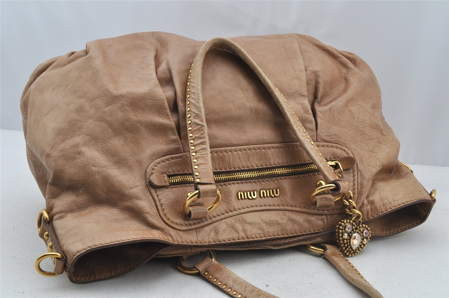 Authentic MIU MIU Vintage Leather 2Way Shoulder Tote Bag Beige 8666I