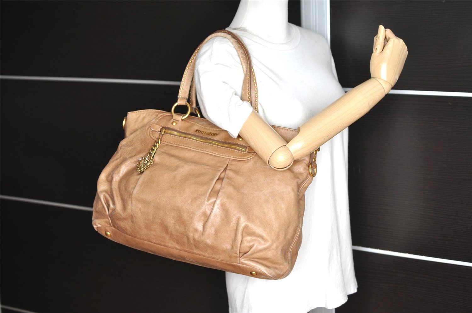 Authentic MIU MIU Vintage Leather 2Way Shoulder Tote Bag Beige 8666I