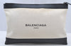 Authentic BALENCIAGA Navy Clip M Clutch Bag Canvas Calf Skin 373834 White 8667I