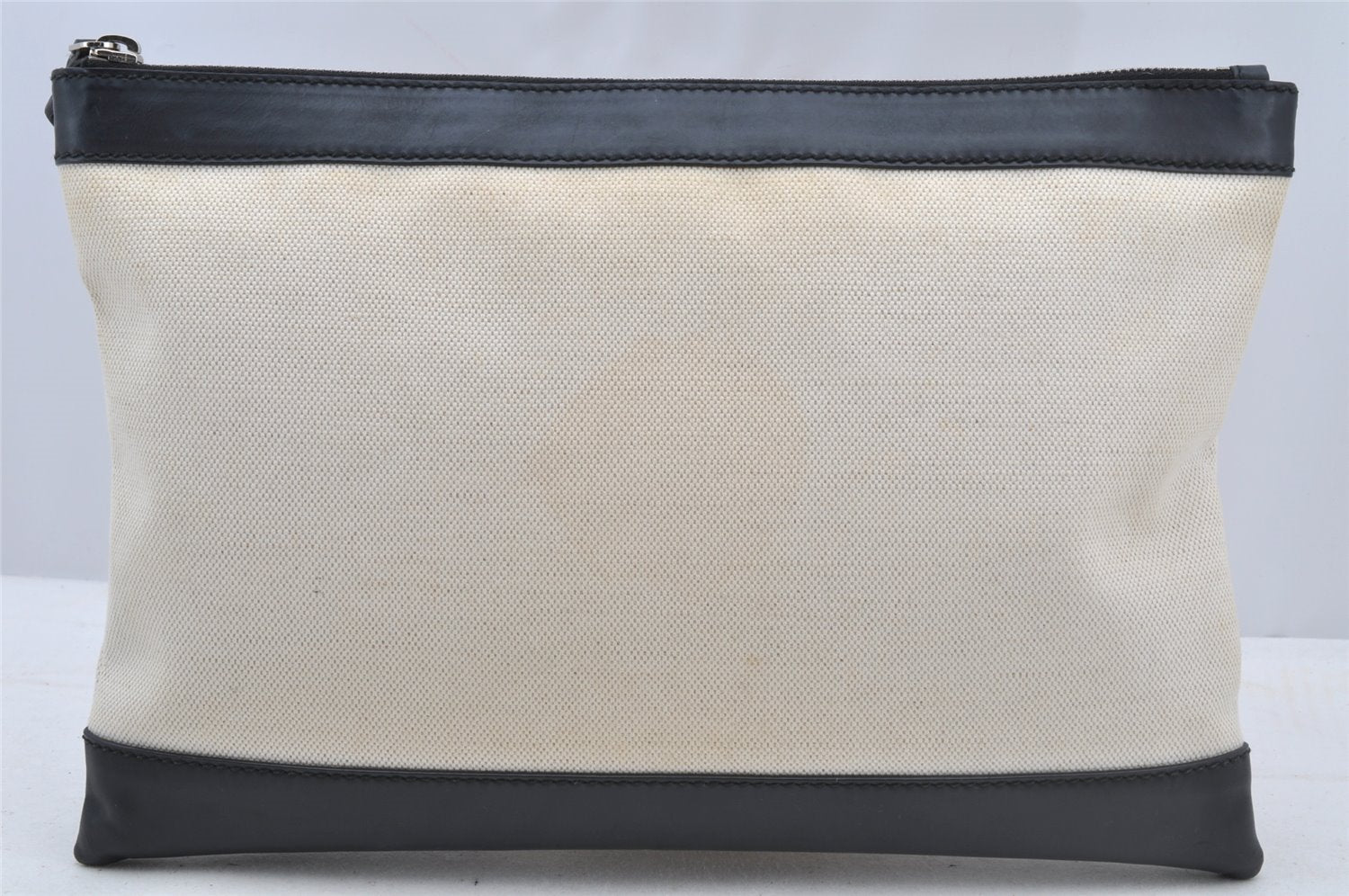 Authentic BALENCIAGA Navy Clip M Clutch Bag Canvas Calf Skin 373834 White 8667I