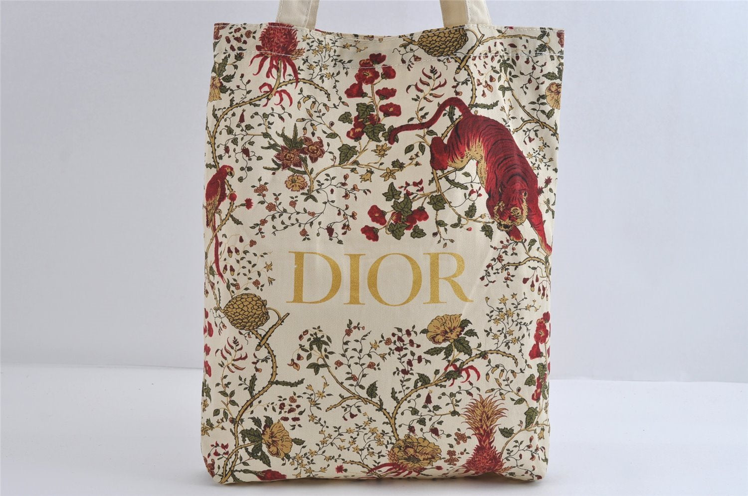 Authentic Christian Dior Tiger Pattern Shoulder Tote Bag Canvas White 8672I