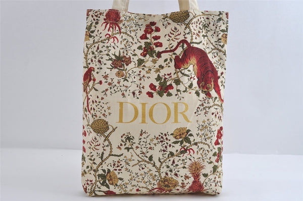Authentic Christian Dior Tiger Pattern Shoulder Tote Bag Canvas White 8672I