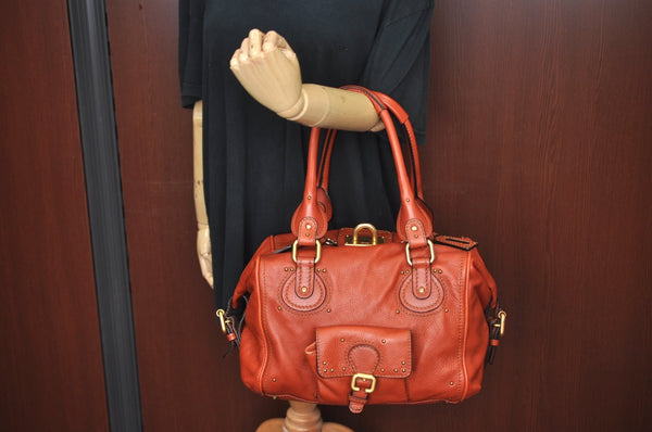 Authentic Chloe Vintage Paddington Leather Shoulder Hand Bag Red 8676I