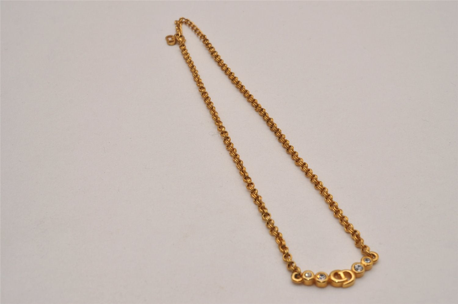 Authentic Christian Dior Gold Tone Rhinestone Chain Pendant Necklace CD 8679I