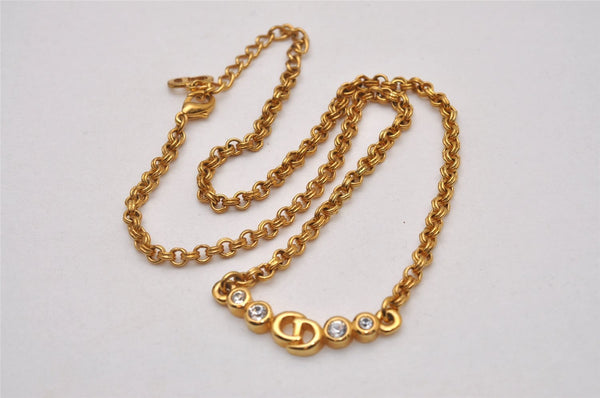 Authentic Christian Dior Gold Tone Rhinestone Chain Pendant Necklace CD 8679I