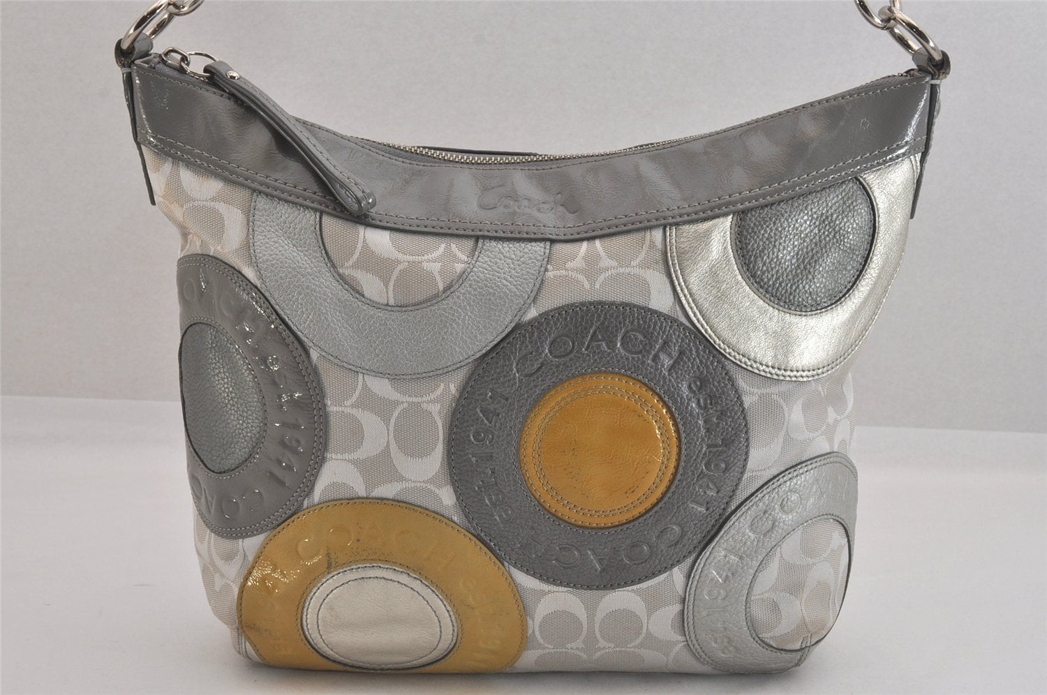 Authentic COACH Signature 2Way Tote Bag Purse Canvas Leather F19402 Gray 8679M