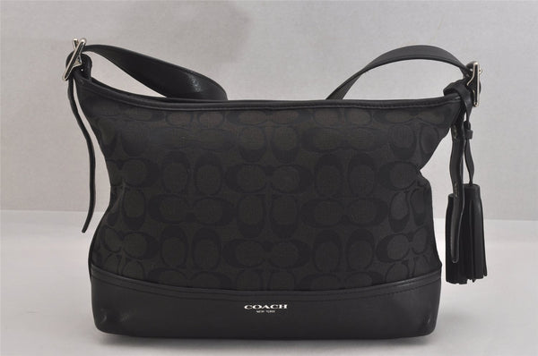 Authentic COACH Signature Shoulder Bag Purse Canvas Leather 25664 Black 8685M