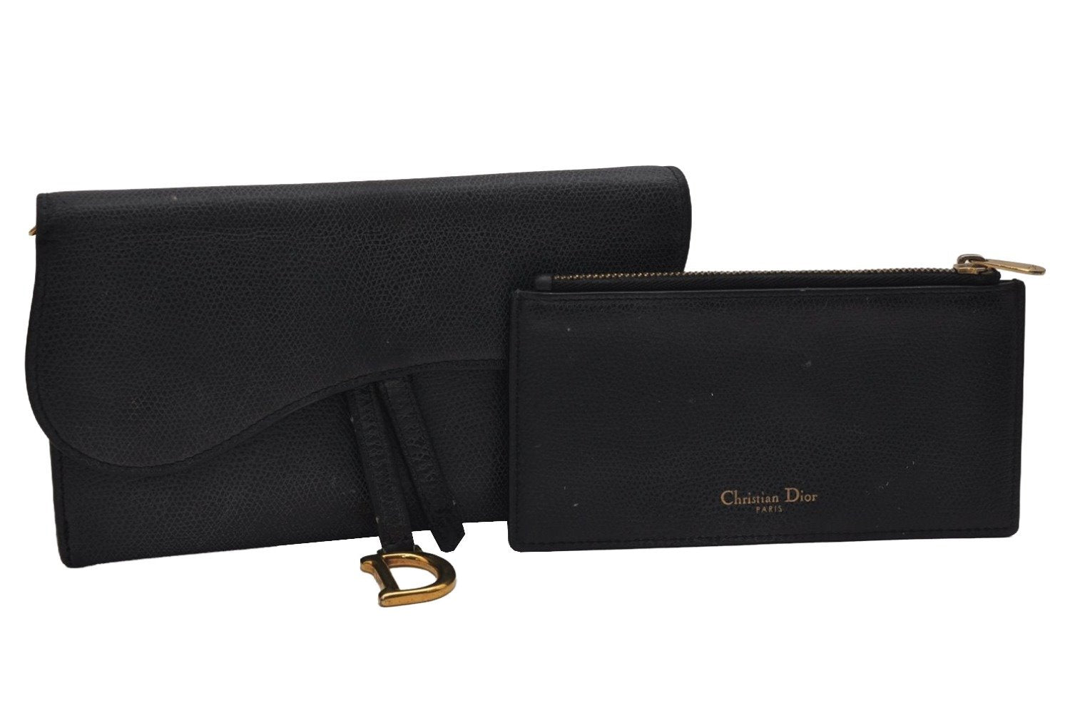 Authentic Christian Dior Saddle 2Way Shoulder Long Wallet Leather Black 8689J