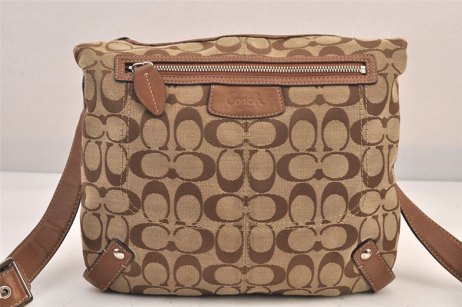 Authentic COACH Signature Shoulder Bag Purse Canvas Leather F14689 Brown 8697M