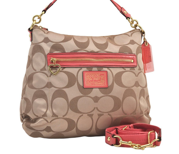 Auth COACH Signature Poppy 2Way Shoulder Bag Canvas Leather F20064 Beige 8698M