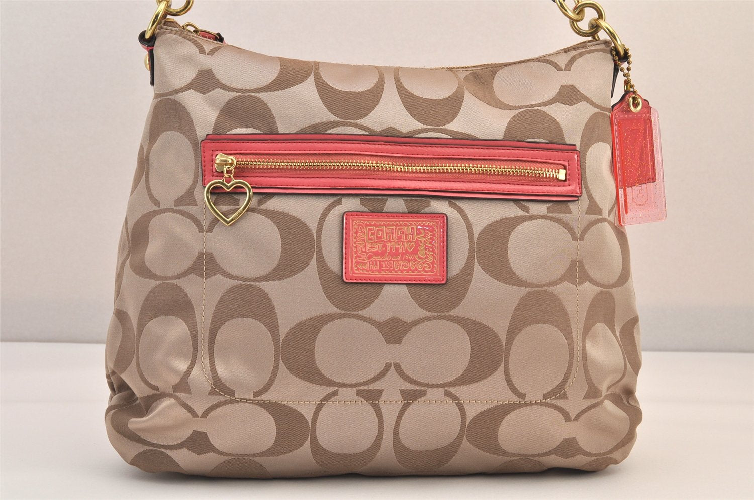 Auth COACH Signature Poppy 2Way Shoulder Bag Canvas Leather F20064 Beige 8698M