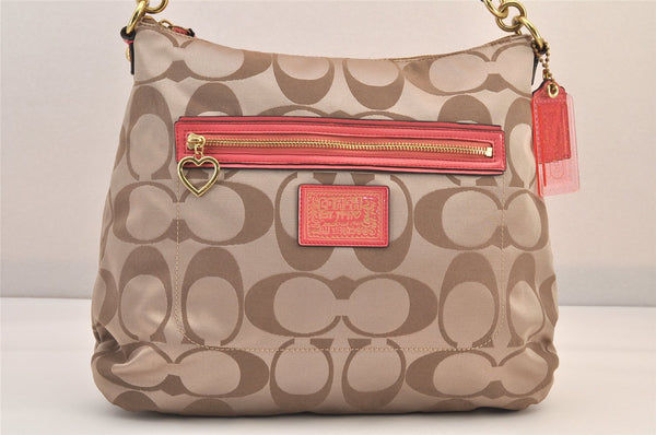 Auth COACH Signature Poppy 2Way Shoulder Bag Canvas Leather F20064 Beige 8698M