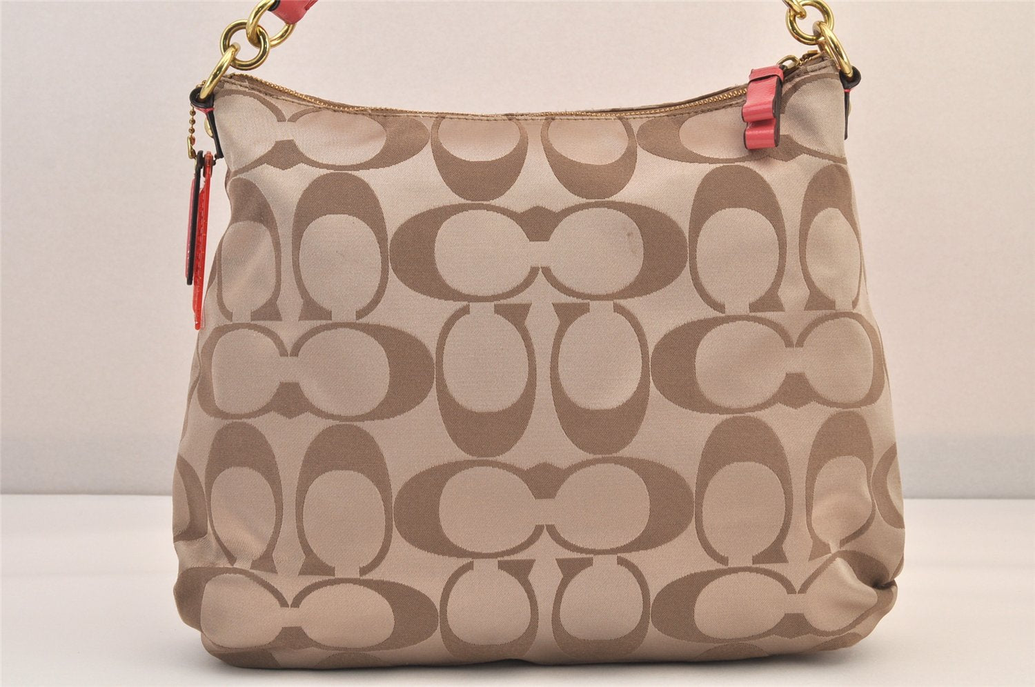 Auth COACH Signature Poppy 2Way Shoulder Bag Canvas Leather F20064 Beige 8698M