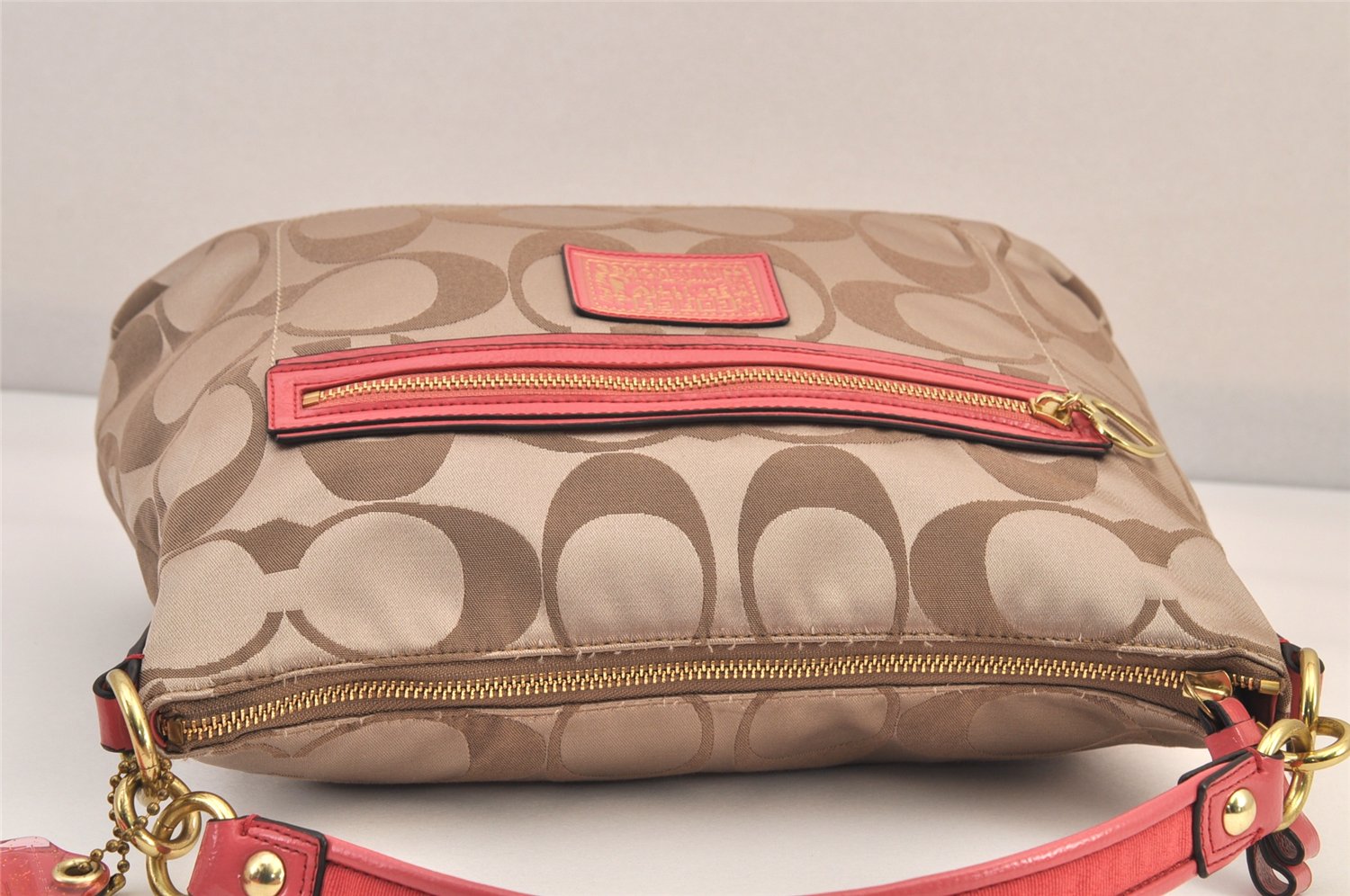 Auth COACH Signature Poppy 2Way Shoulder Bag Canvas Leather F20064 Beige 8698M