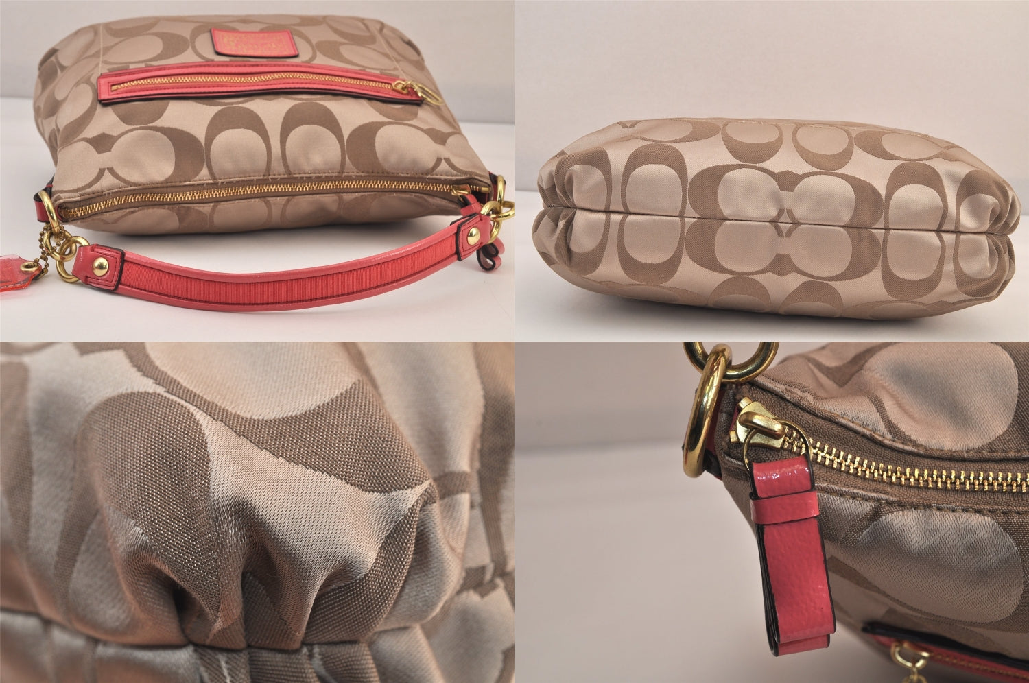 Auth COACH Signature Poppy 2Way Shoulder Bag Canvas Leather F20064 Beige 8698M