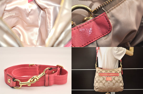 Auth COACH Signature Poppy 2Way Shoulder Bag Canvas Leather F20064 Beige 8698M