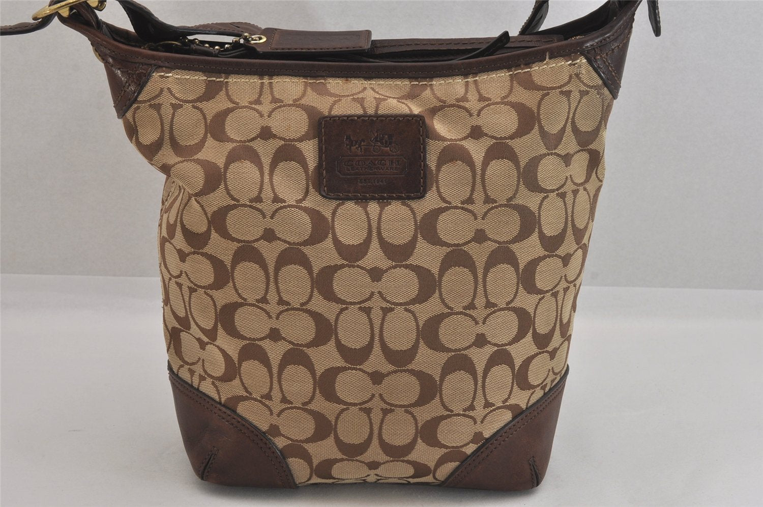 Authentic COACH Signature Shoulder Cross Bag Canvas Leather F12390 Brown 8699M