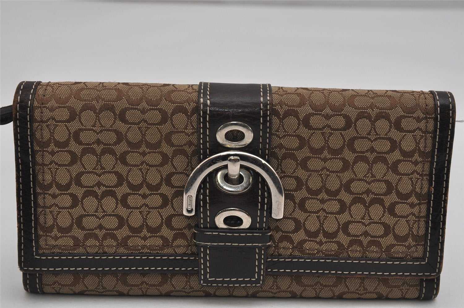 Authentic COACH Signature Vintage Long Wallet Purse Canvas Leather Brown 8703J