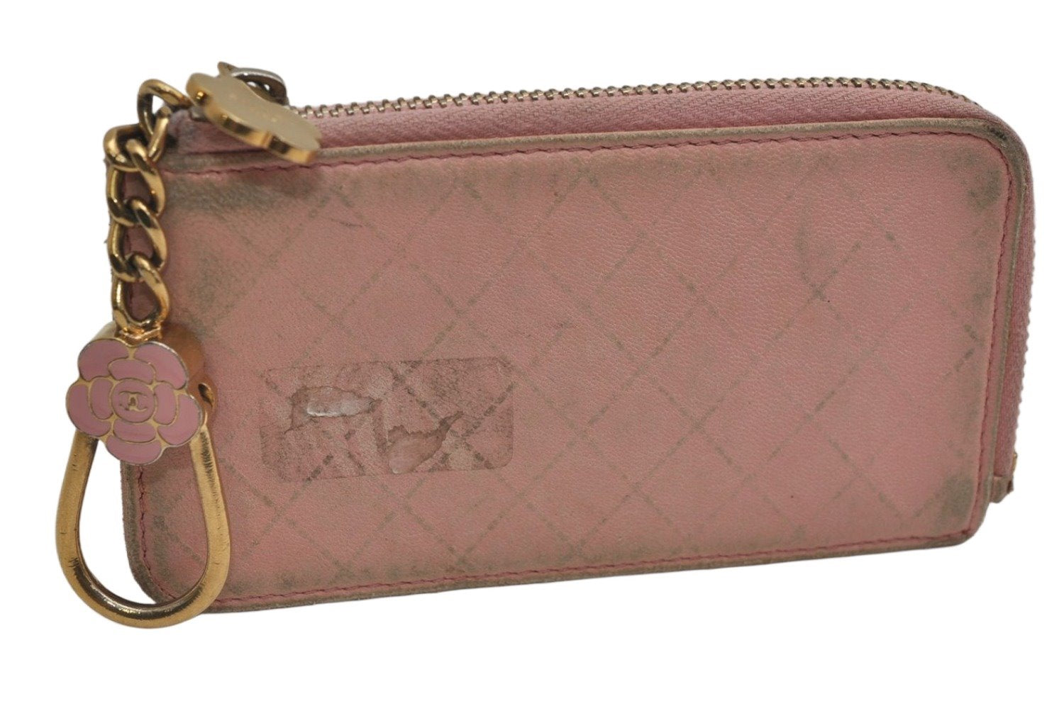 Authentic CHANEL Vintage Calf Skin Bicolore Camellia Coin Purse Case Pink 8706J