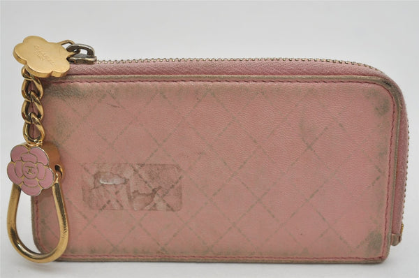 Authentic CHANEL Vintage Calf Skin Bicolore Camellia Coin Purse Case Pink 8706J