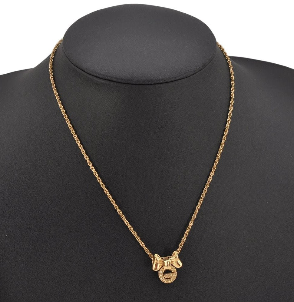 Authentic GIVENCHY Logo Ribbon Rhinestone Chain Pendant Necklace Gold Tone 8708J