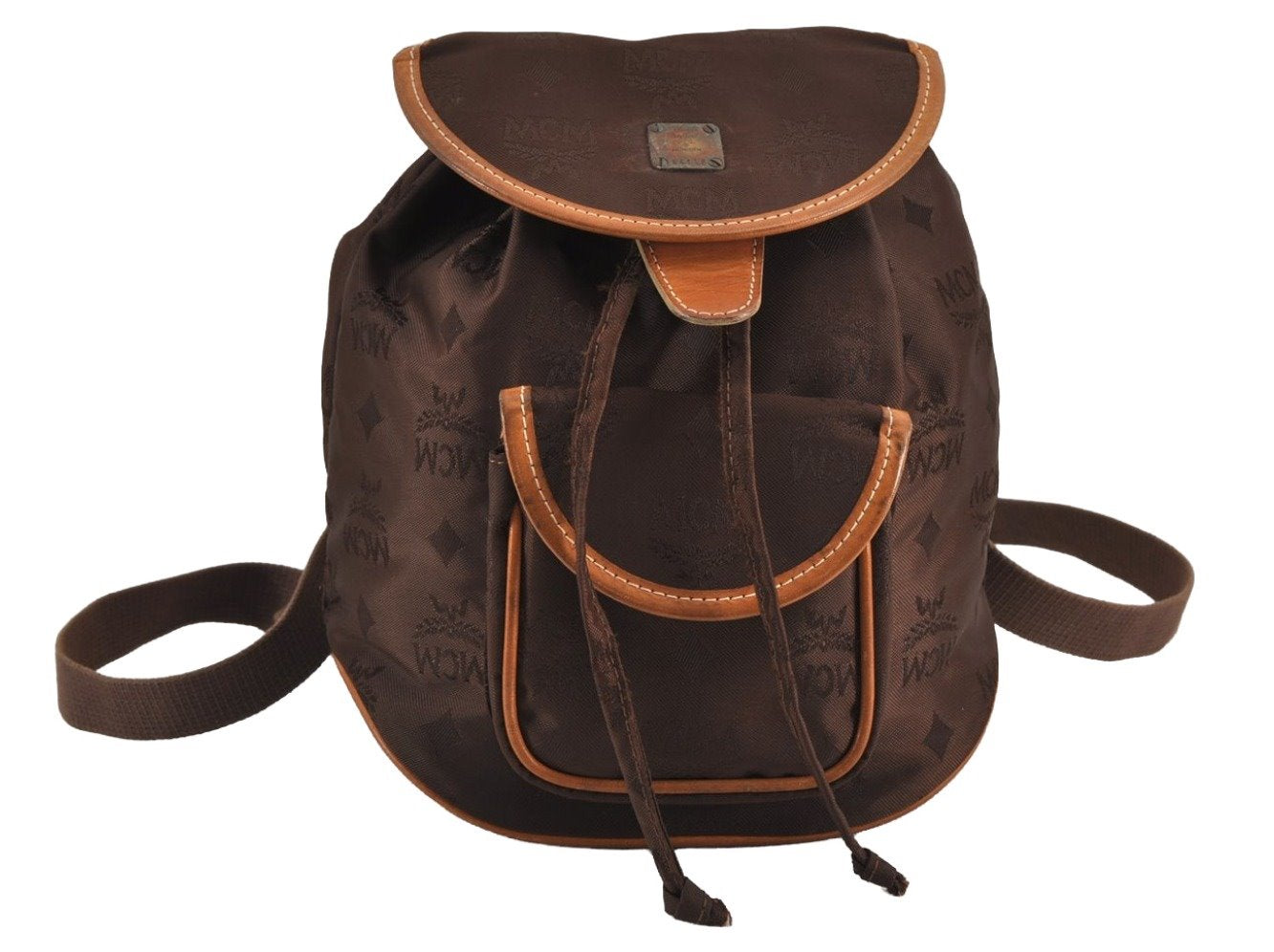 Authentic MCM Visetos Nylon Leather Vintage Drawstring Backpack Brown 8715J