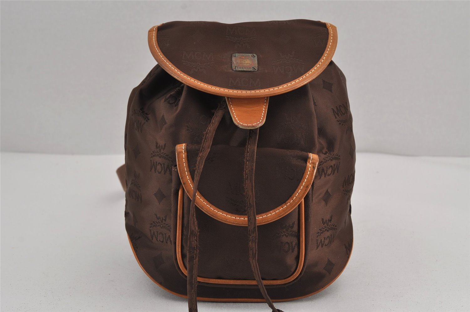 Authentic MCM Visetos Nylon Leather Vintage Drawstring Backpack Brown 8715J