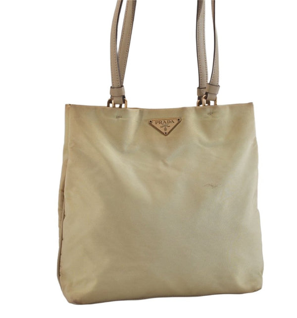 Authentic PRADA Vintage Nylon Leather Hand Bag Purse Beige 8720M