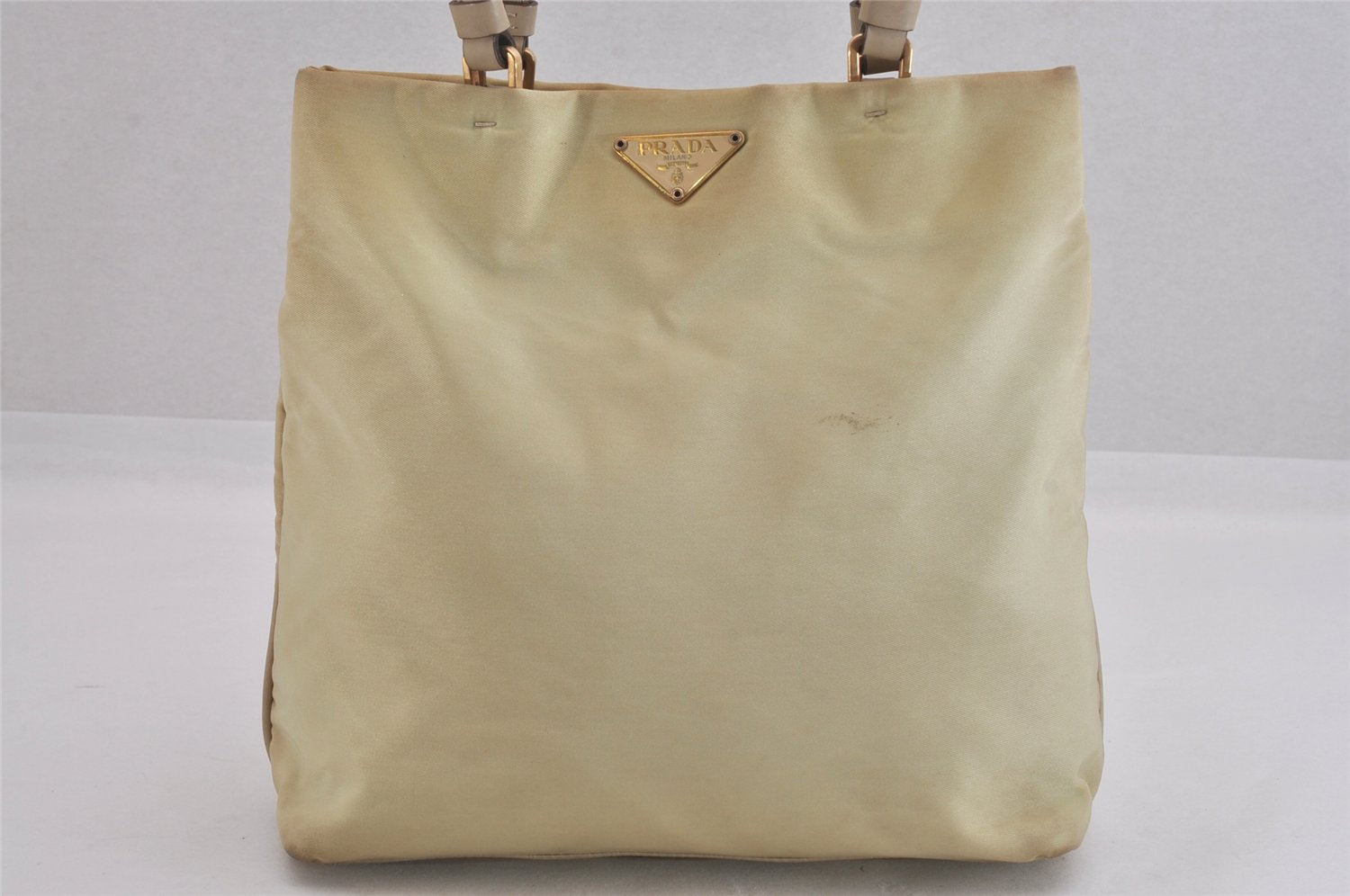 Authentic PRADA Vintage Nylon Leather Hand Bag Purse Beige 8720M