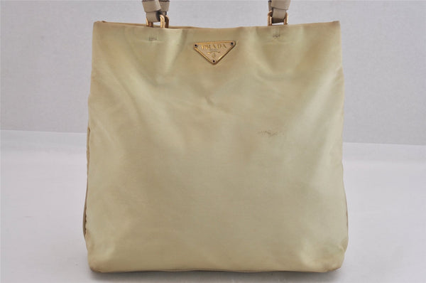 Authentic PRADA Vintage Nylon Leather Hand Bag Purse Beige 8720M