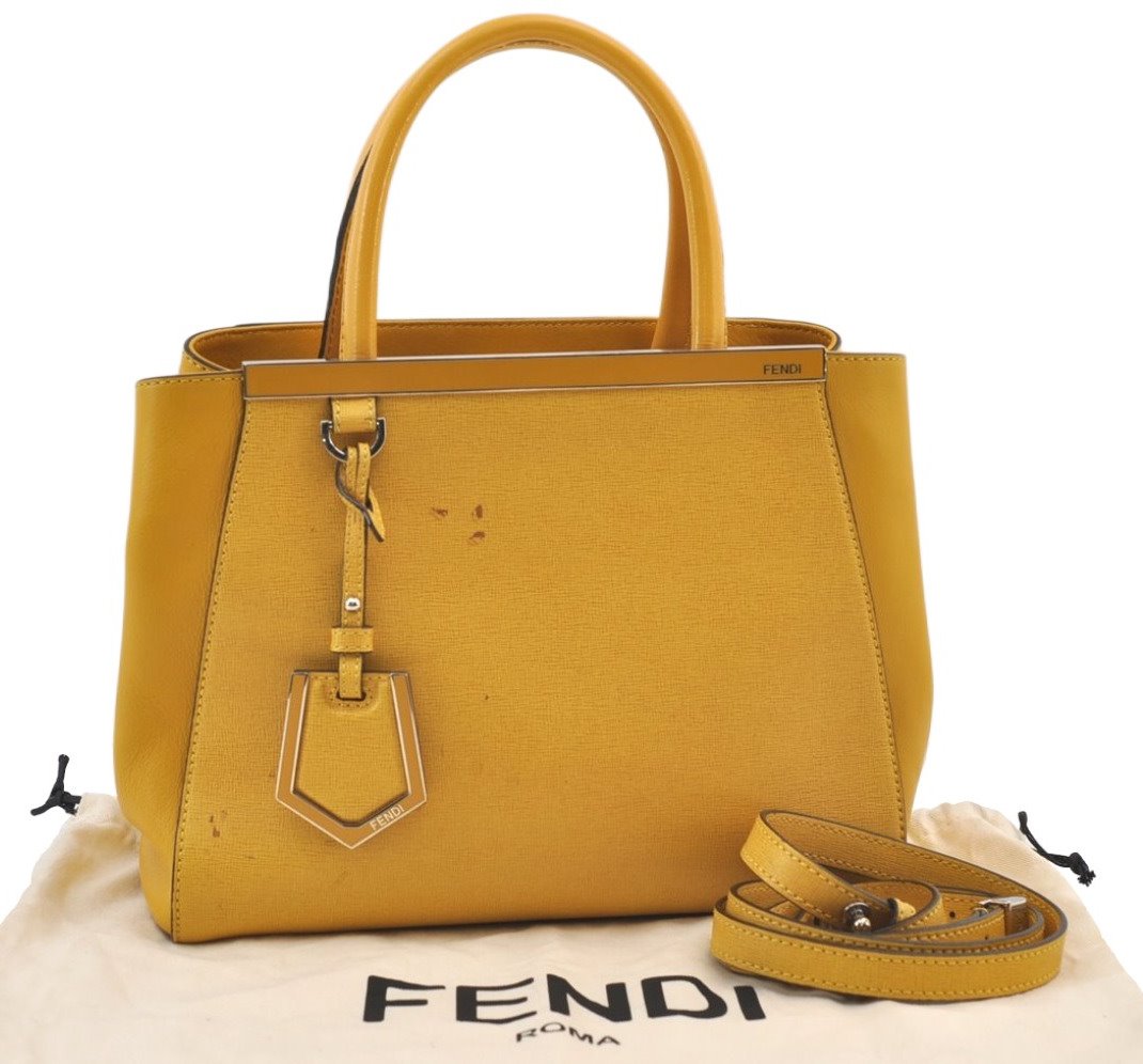 Authentic FENDI Vintage 2JOURS Leather 2Way Shoulder Hand Bag Purse Yellow 8724J