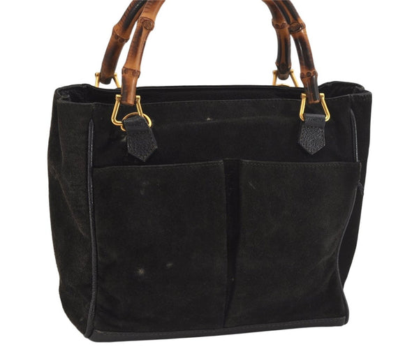Authentic GUCCI Bamboo Vintage Hand Bag Suede Leather Black 8727M