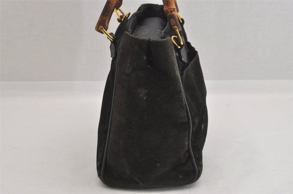 Authentic GUCCI Bamboo Vintage Hand Bag Suede Leather Black 8727M