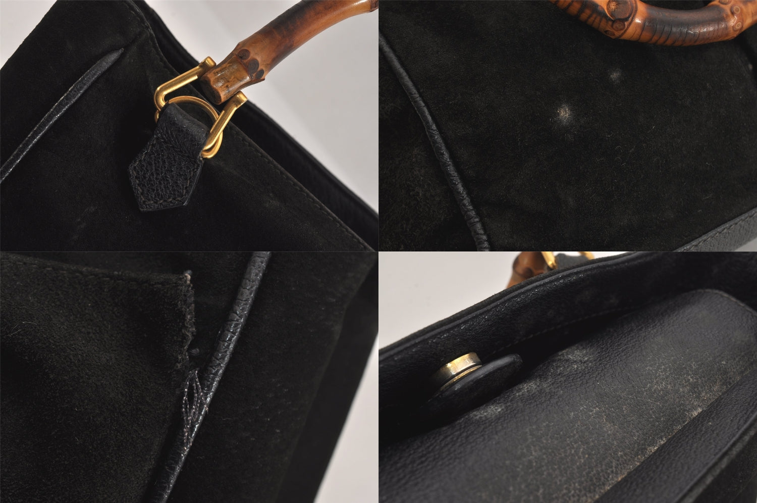 Authentic GUCCI Bamboo Vintage Hand Bag Suede Leather Black 8727M