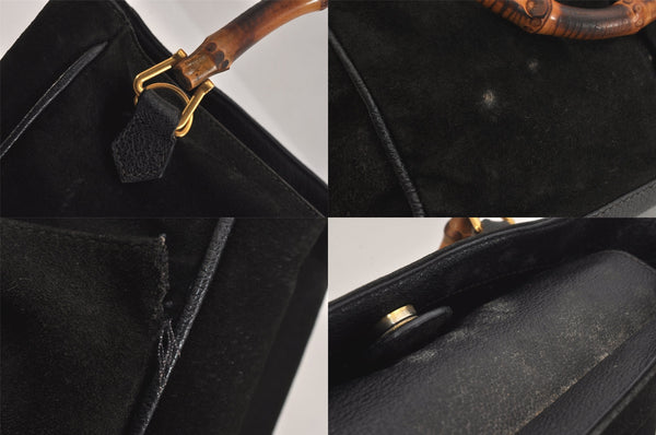 Authentic GUCCI Bamboo Vintage Hand Bag Suede Leather Black 8727M