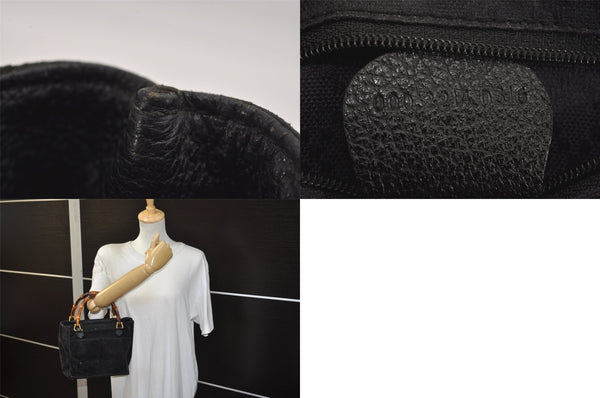 Authentic GUCCI Bamboo Vintage Hand Bag Suede Leather Black 8727M