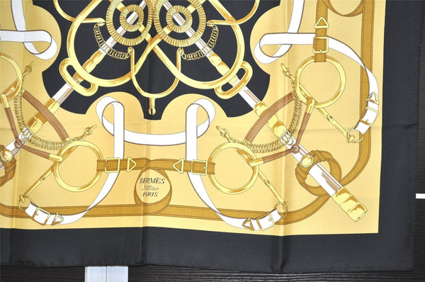 Authentic HERMES Carre 90 Scarf "Eperon d'or" Silk Black 8730J
