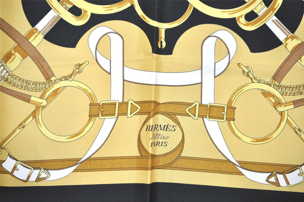 Authentic HERMES Carre 90 Scarf "Eperon d'or" Silk Black 8730J