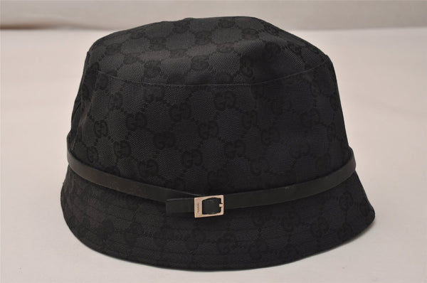 Authentic GUCCI Vintage Bucket Hat GG Canvas Leather Size L 22" Black 8743J