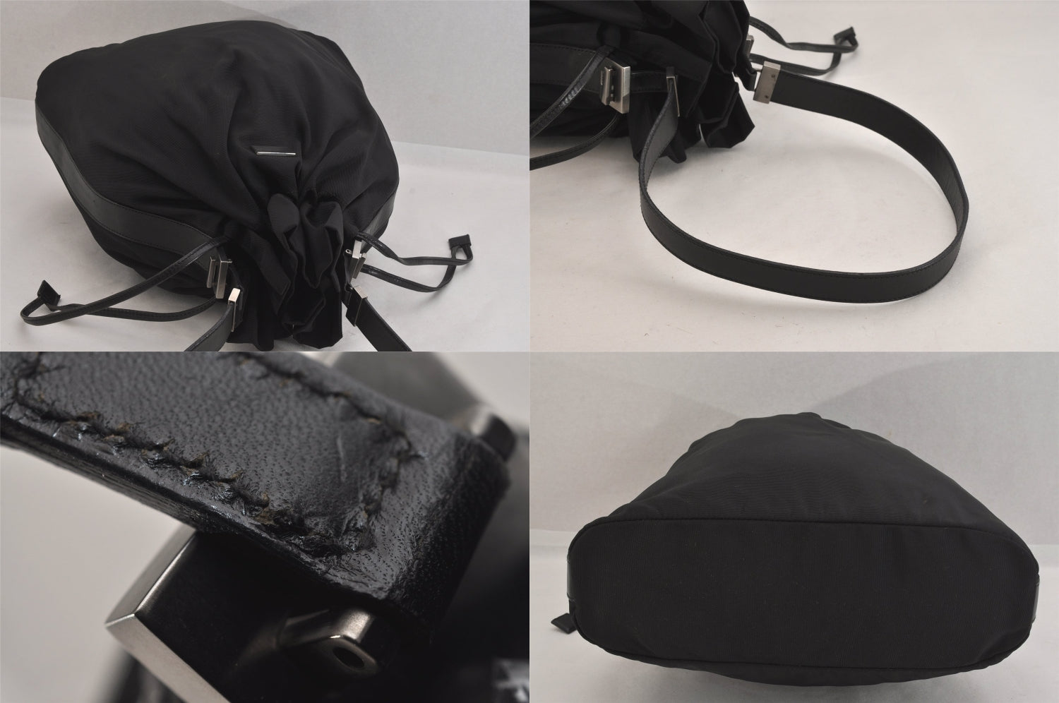 Authentic GUCCI Vintage Shoulder Drawstring Bag Nylon Leather Black 8747M