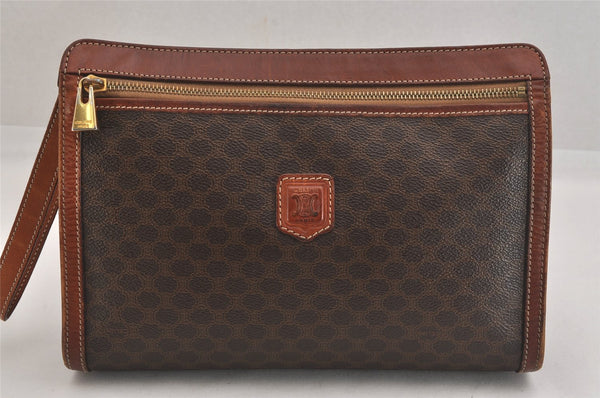 Authentic CELINE Macadam Blason Clutch Hand Bag Purse PVC Leather Brown 8756M