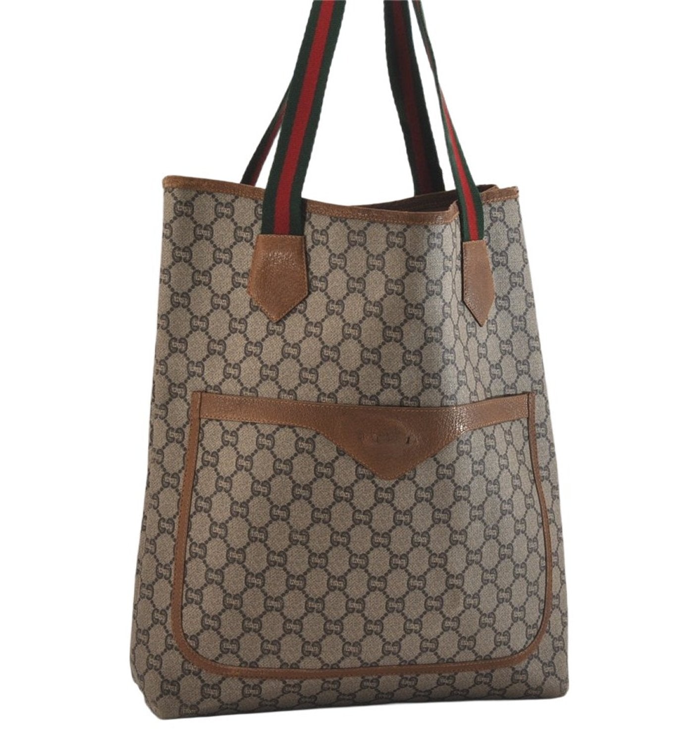 Authentic GUCCI Web Sherry Line Vintage GG Plus Tote Bag PVC Leather Brown 8760M