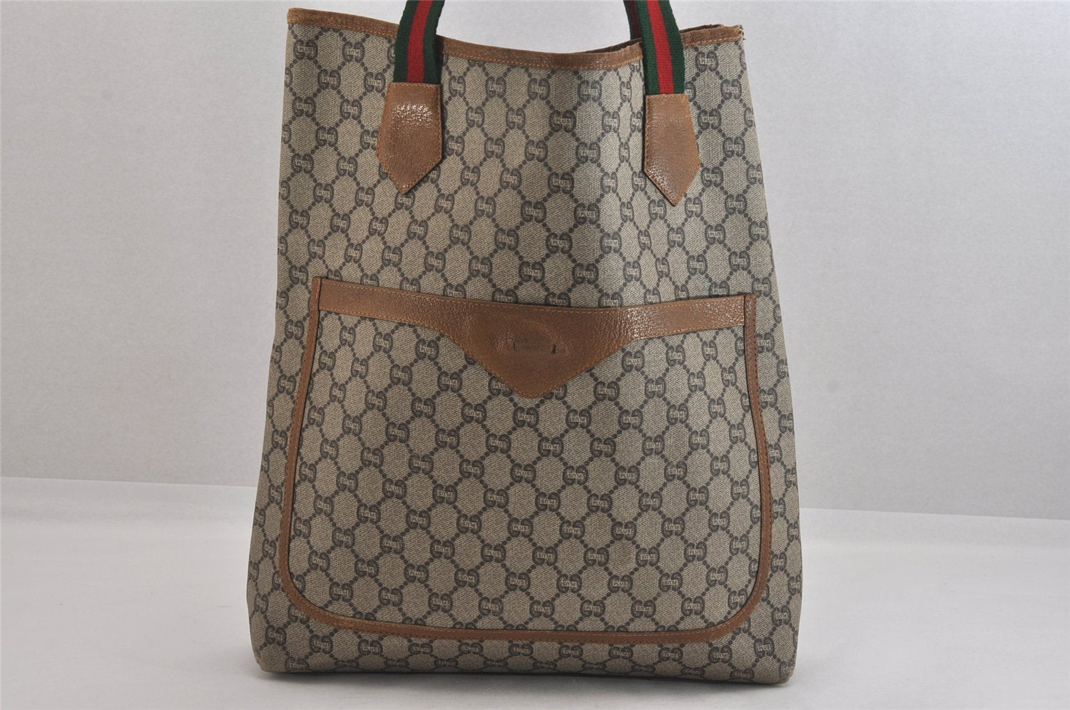 Authentic GUCCI Web Sherry Line Vintage GG Plus Tote Bag PVC Leather Brown 8760M